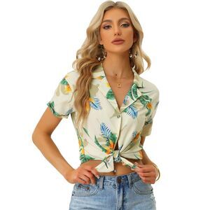 Hawaiian Shirts Floral Top Leaves Print Short Sleeve Tropical Beige